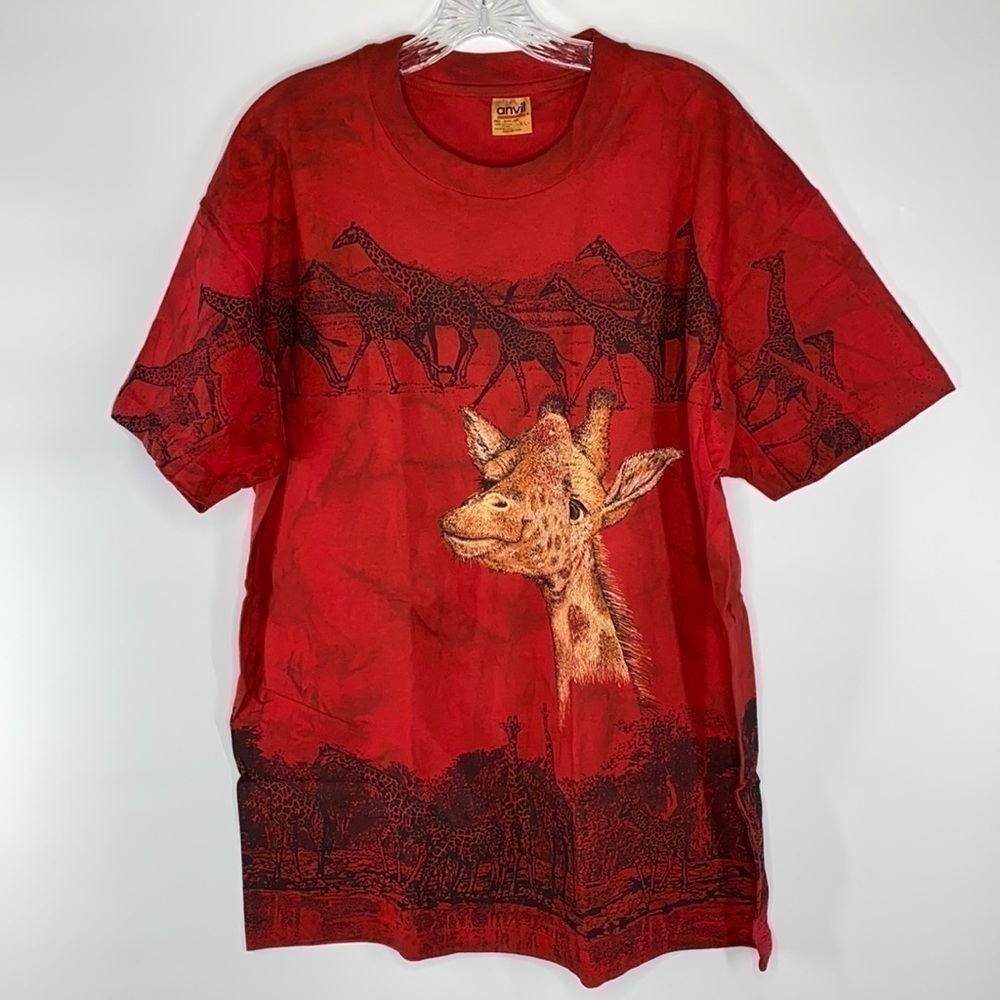 Vintage Anvil Giraffe Red Graphic Print Tshirt XL